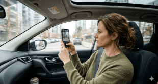 אישה יושבת ברכב ומצלמת בנייד אילוסטרציה